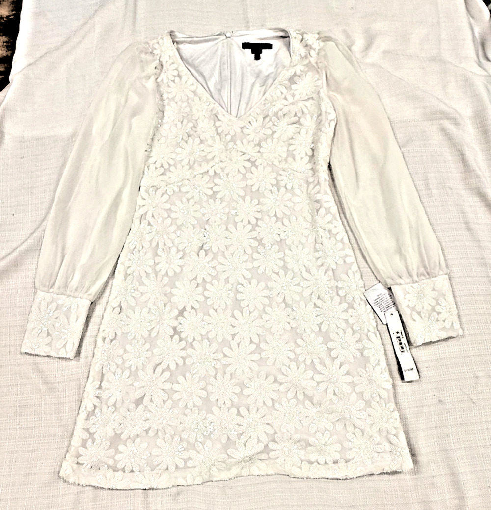 NWT Ivy + Blu Size 4 White Sequin Floral Embroidered Dress Sheer Sleeve Cocktail